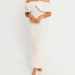 Elegant Off-Shoulder Ivory Knit Dress Worth Collective